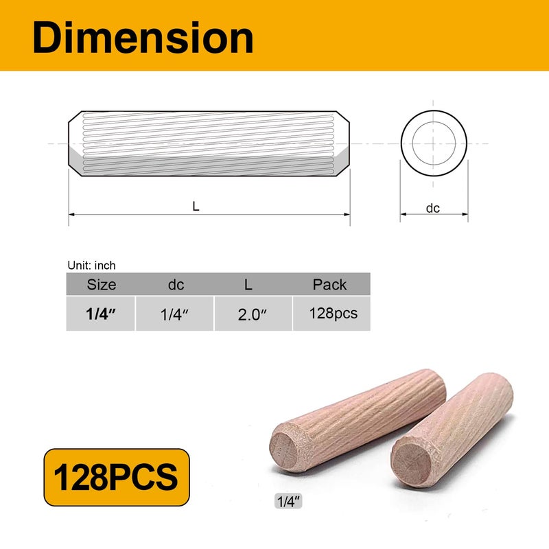 Mrosnail 128 Pcs Wooden Dowel Pins, 1/4 x 2 inch Fluted Wood Dowels Hardwood Pegs for Deep Furniture Joints, Wood Signs, Toy Building - Image 2